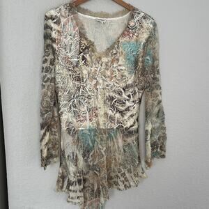 Komarov Asymmetric Hem Crinkle Floral Print Tunic Top Lace Animal Print Green